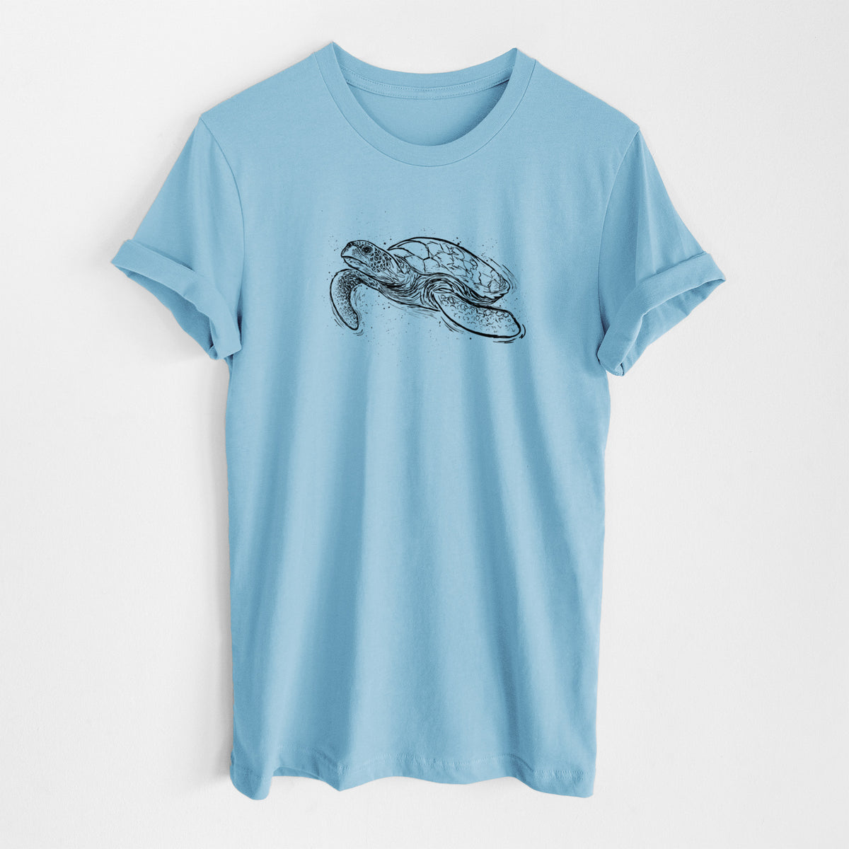 Ocean blue lightweight cotton t-shirt laid flat, printed with a black ink illustration of a hawksbill sea turtle swimming, with a patterned shell.