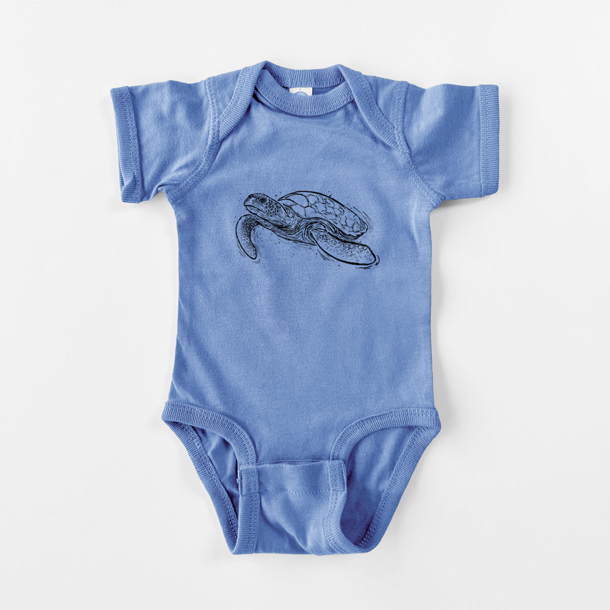 Carolina blue baby bodysuit laid flat, printed with a black ink illustration of a hawksbill sea turtle swimming, with a patterned shell.