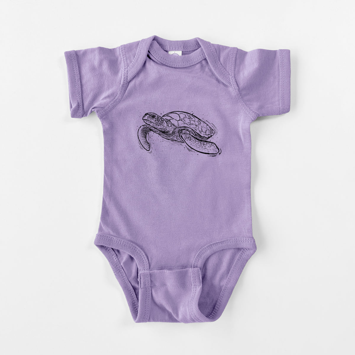 Lavender baby bodysuit laid flat, printed with a black ink illustration of a hawksbill sea turtle swimming, with a patterned shell.