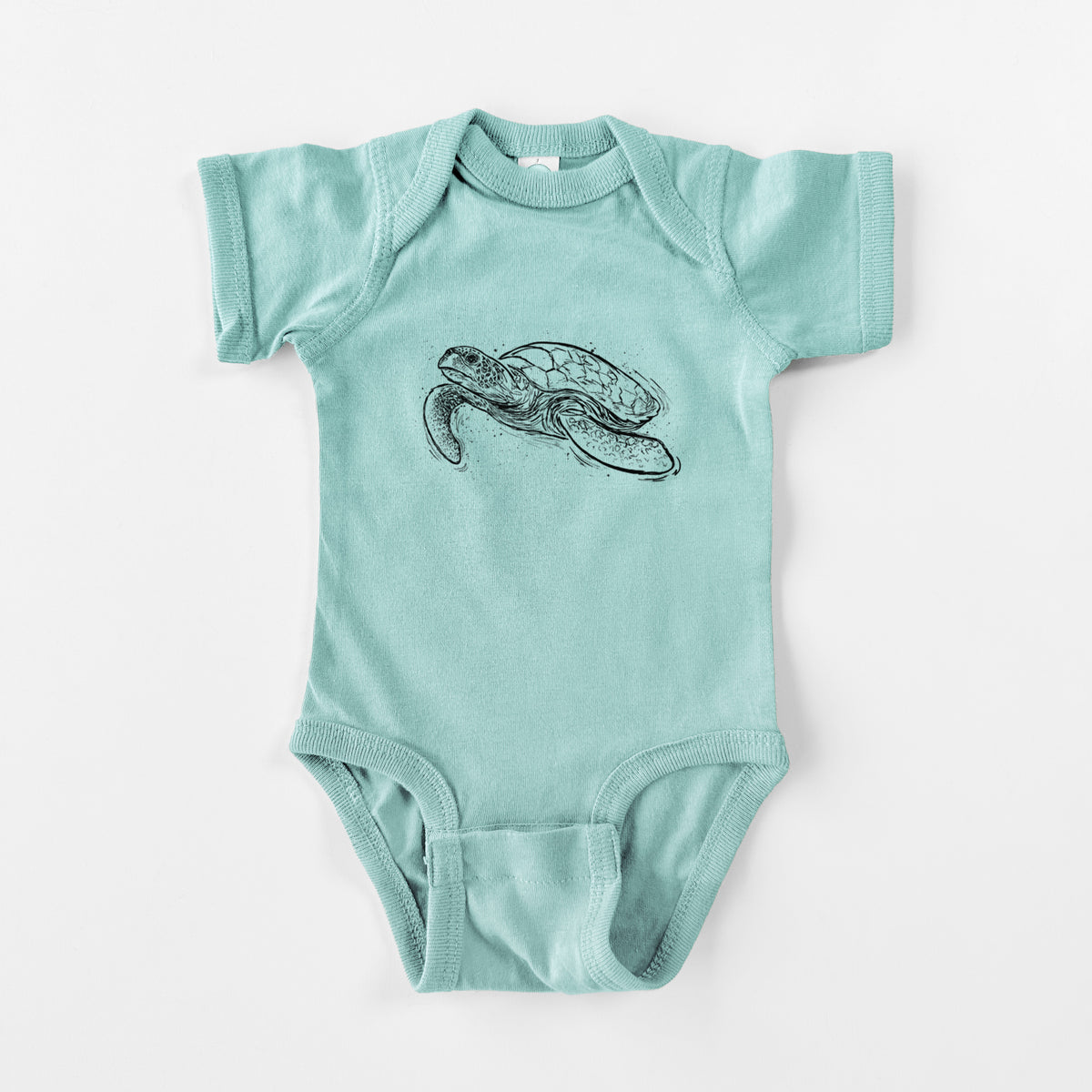 Saltwater baby bodysuit laid flat, printed with a black ink illustration of a hawksbill sea turtle swimming, with a patterned shell.