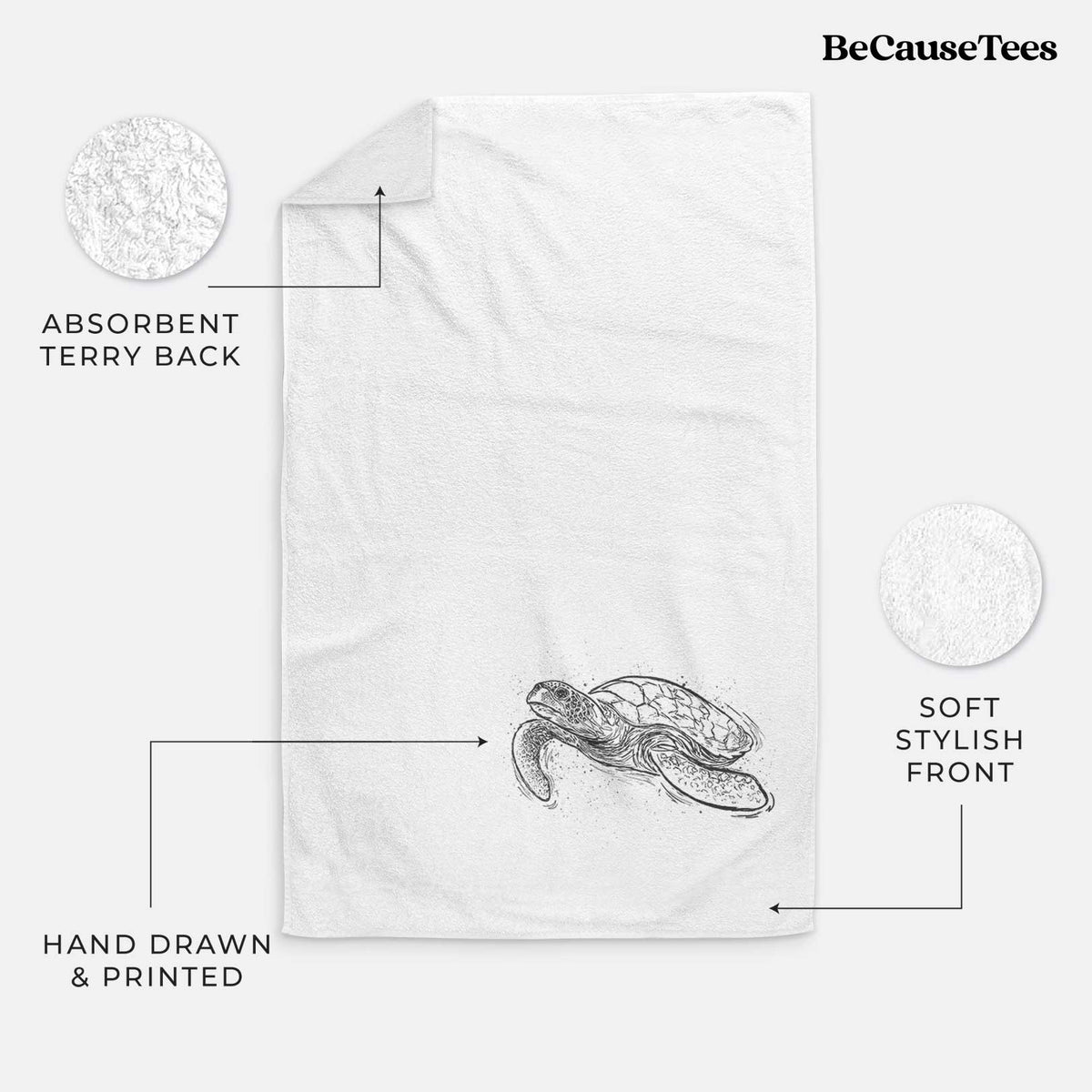 White hand towel printed with a black ink illustration of a hawksbill sea turtle swimming, with a patterned shell.
