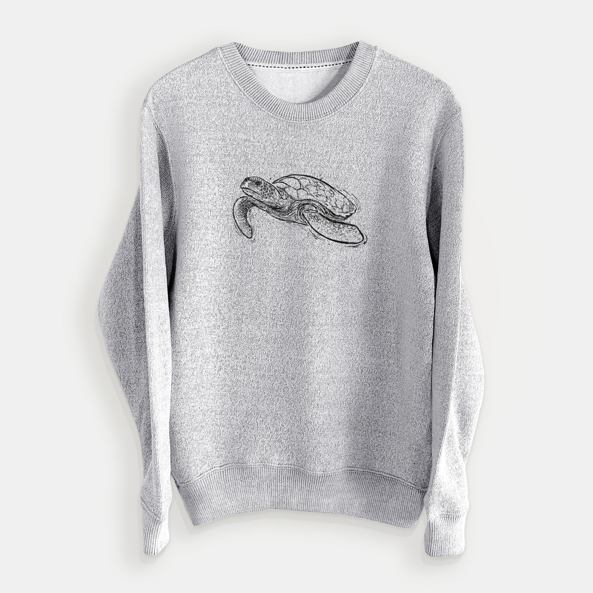 Salt and pepper knit sweatshirt laid flat, printed with a black ink illustration of a hawksbill sea turtle swimming, with a patterned shell.