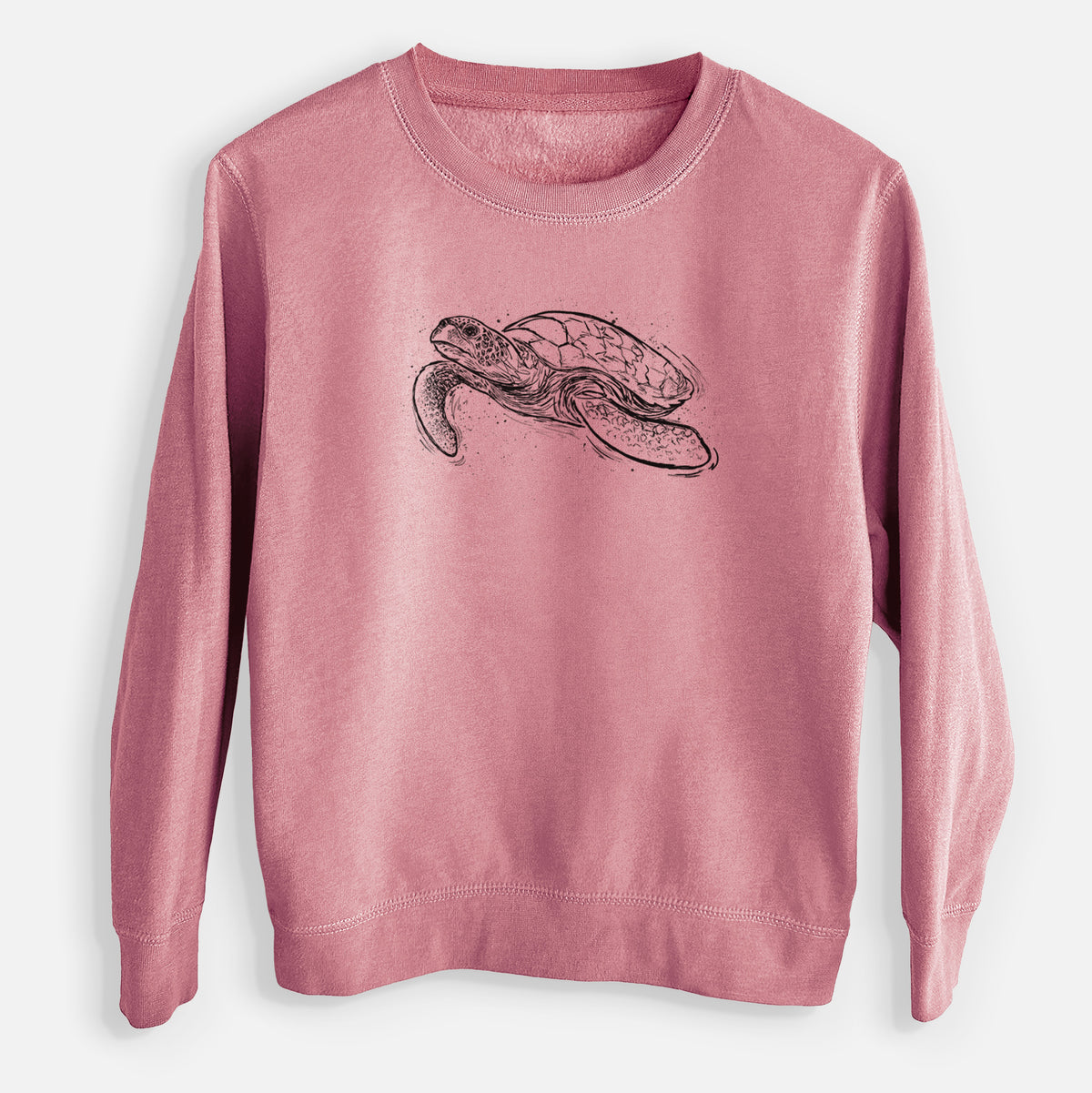 Mauve pink youth crewneck sweatshirt laid flat, printed with a black ink illustration of a hawksbill sea turtle swimming, with a patterned shell.