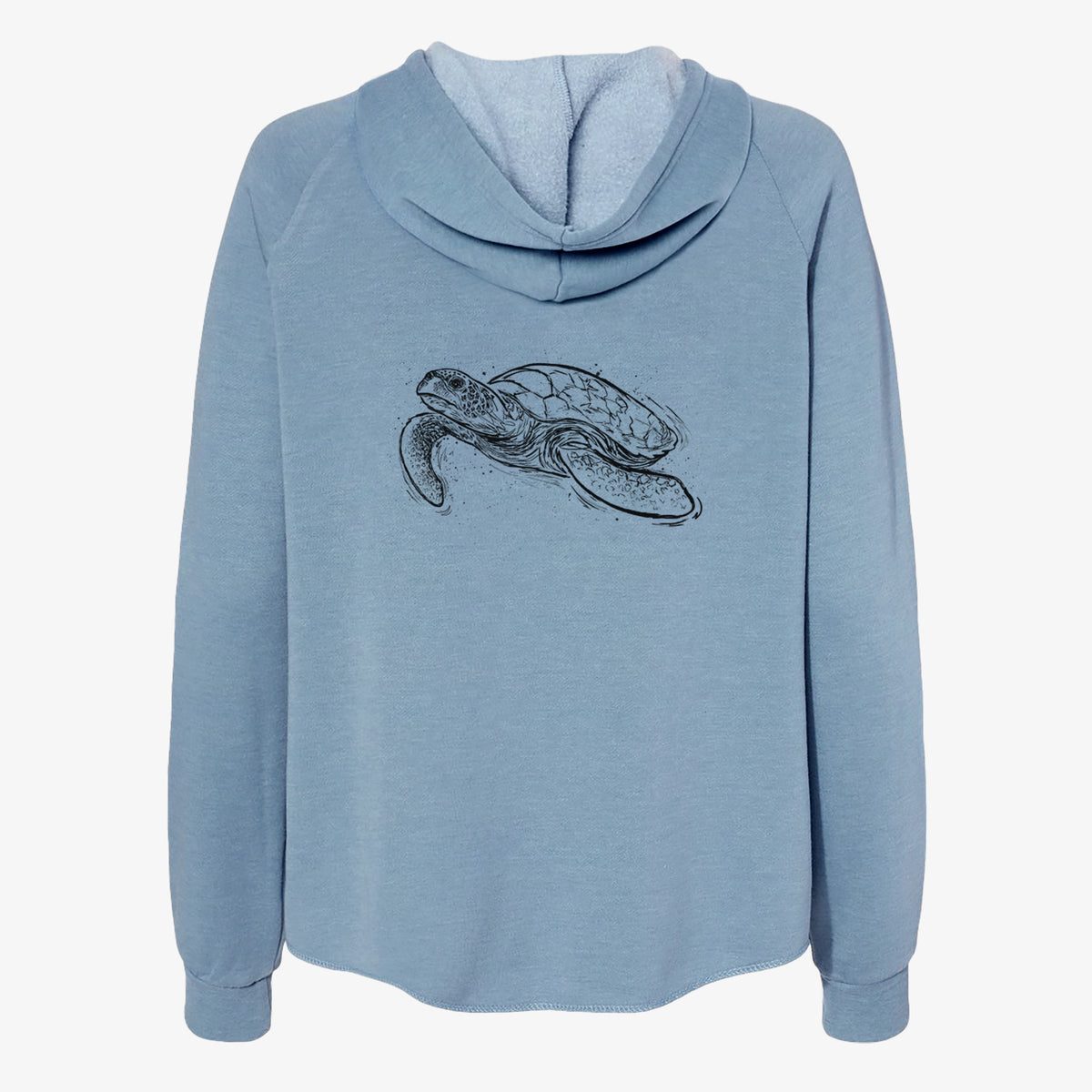Misty blue women's Cali Wave zip-up sweatshirt laid flat, printed with a black ink illustration of a hawksbill sea turtle swimming, with a patterned shell.