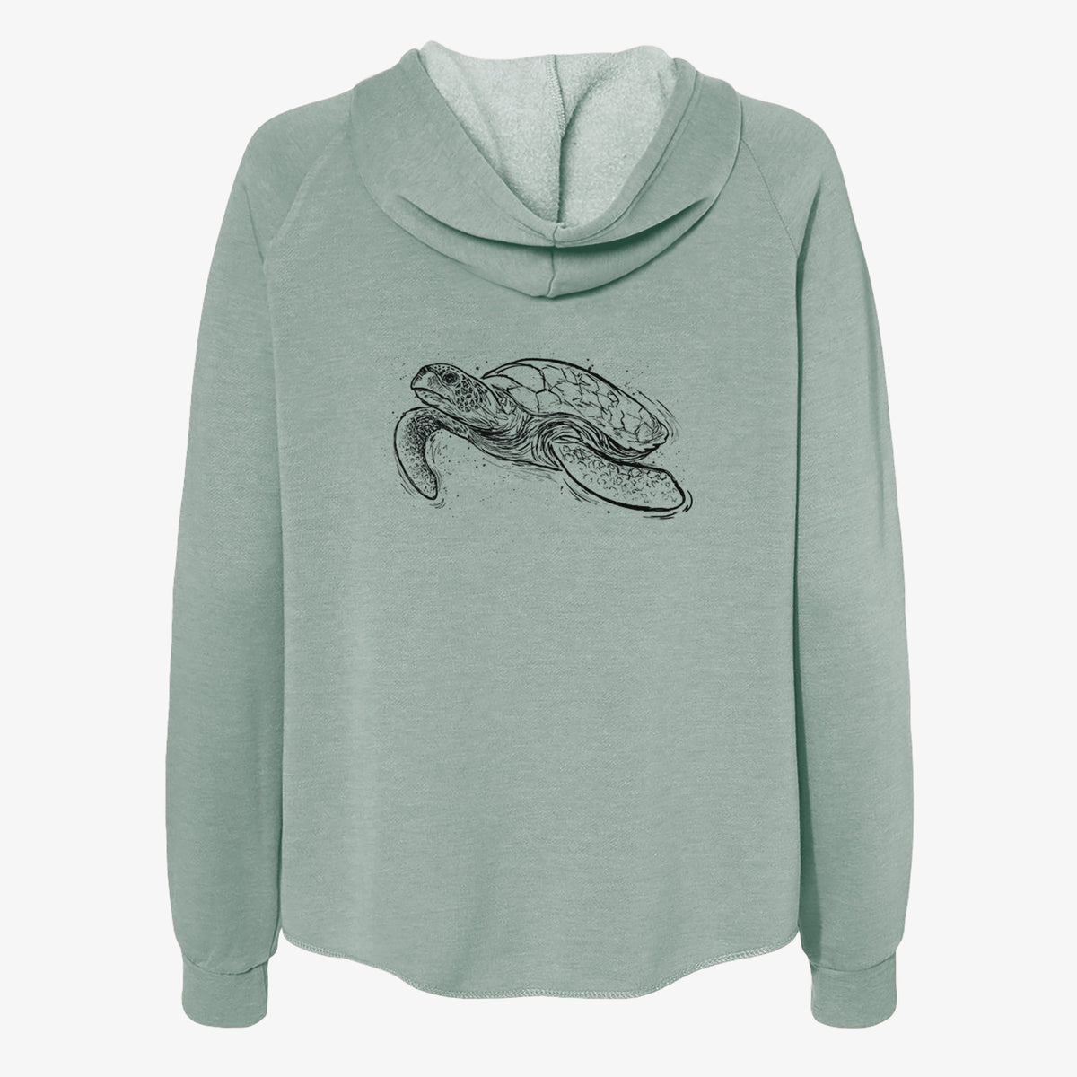 Sage green women's Cali Wave zip-up sweatshirt laid flat, printed with a black ink illustration of a hawksbill sea turtle swimming, with a patterned shell.