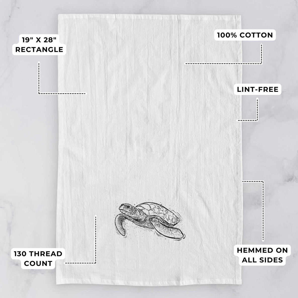 White tea towel printed with a black ink illustration of a hawksbill sea turtle swimming, with a patterned shell, with feature labels: 19 by 28 inch rectangle, 100% cotton, lint-free, 130 thread count, hemmed on all sides.
