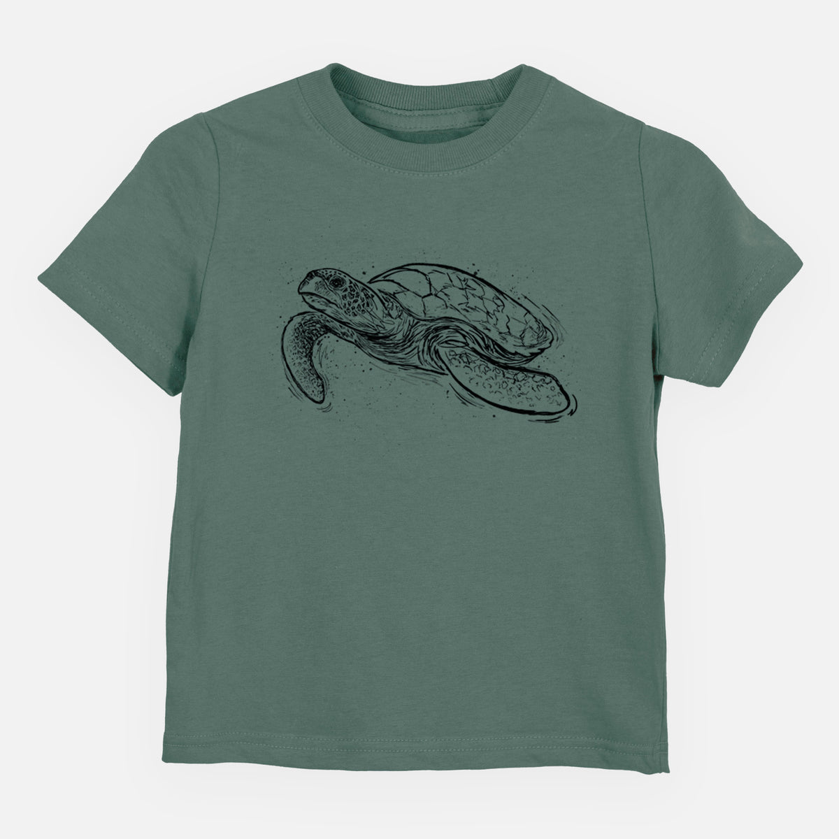 Basil green toddler t-shirt laid flat, printed with a black ink illustration of a hawksbill sea turtle swimming, with a patterned shell.