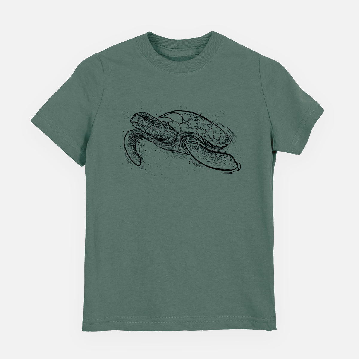 Basil green youth t-shirt laid flat, printed with a black ink illustration of a hawksbill sea turtle swimming, with a patterned shell.