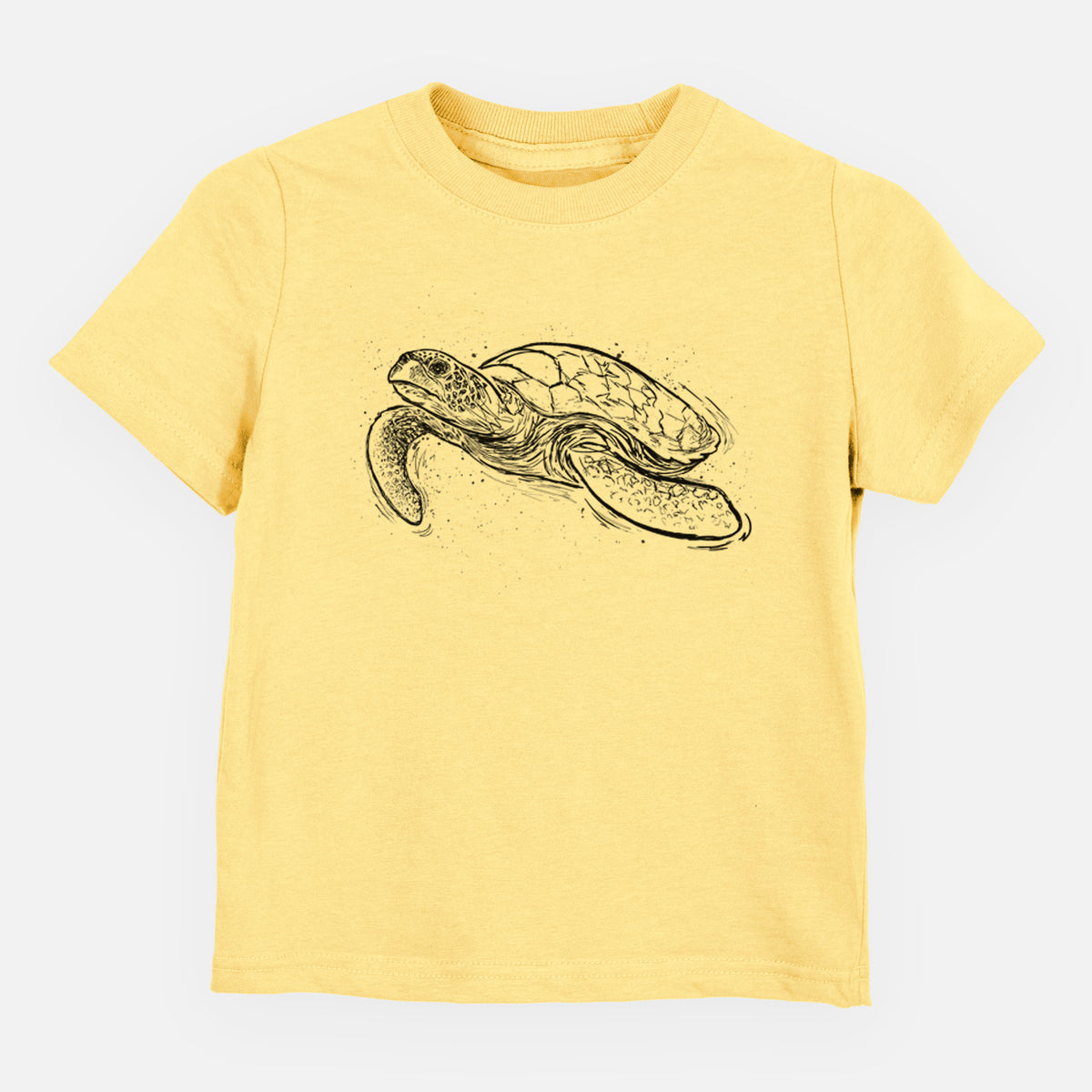 Butter yellow toddler t-shirt laid flat, printed with a black ink illustration of a hawksbill sea turtle swimming, with a patterned shell.