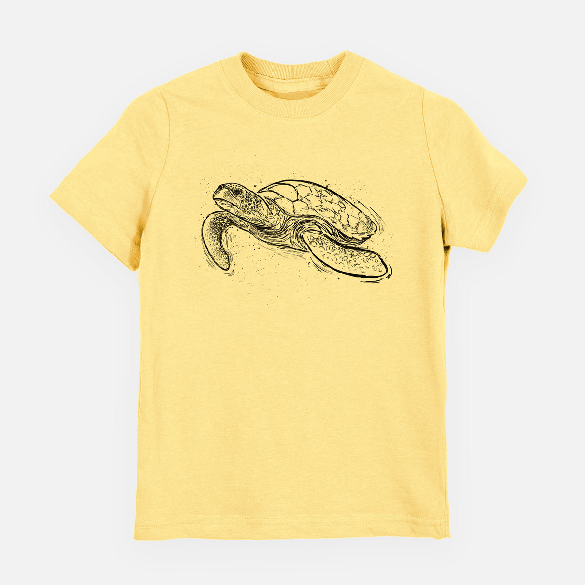 Butter yellow youth t-shirt laid flat, printed with a black ink illustration of a hawksbill sea turtle swimming, with a patterned shell.