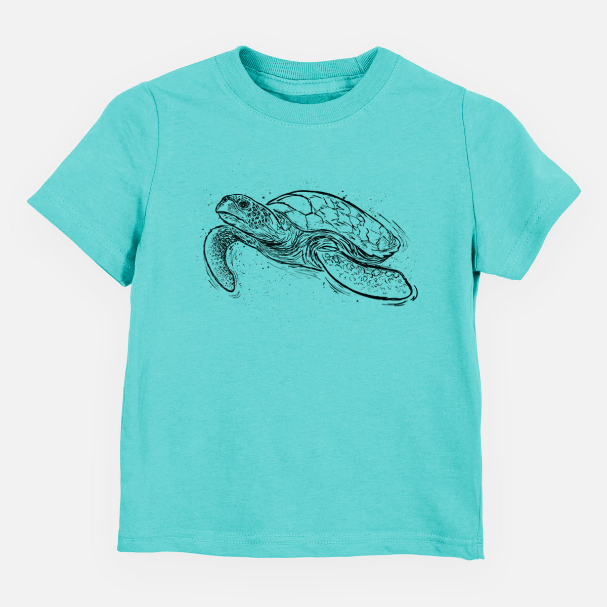 Caribbean blue toddler t-shirt laid flat, printed with a black ink illustration of a hawksbill sea turtle swimming, with a patterned shell.