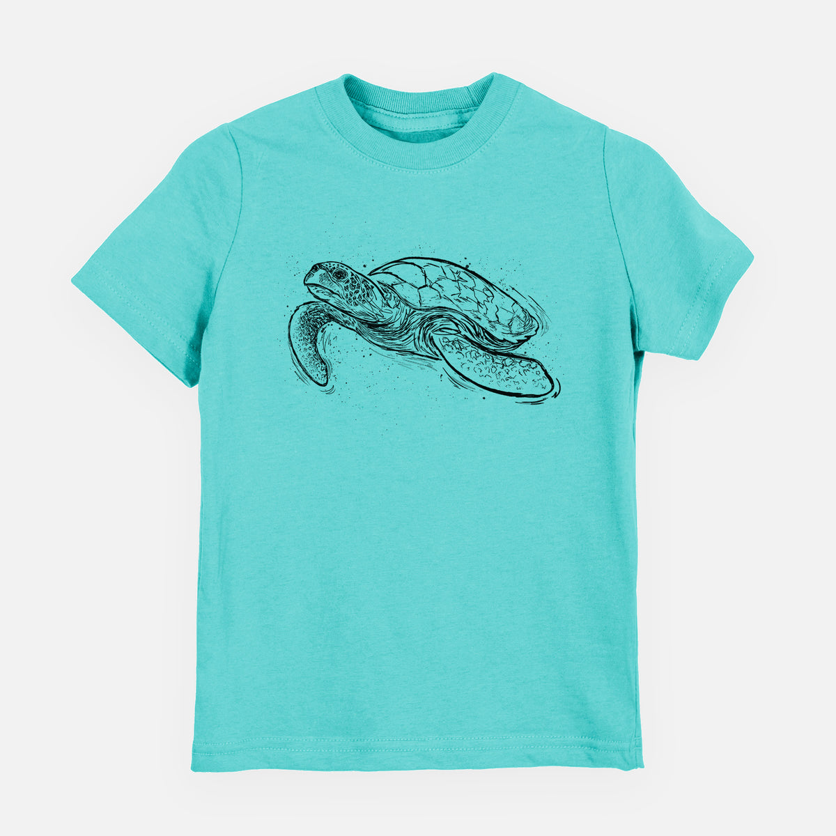 Caribbean blue youth t-shirt laid flat, printed with a black ink illustration of a hawksbill sea turtle swimming, with a patterned shell.