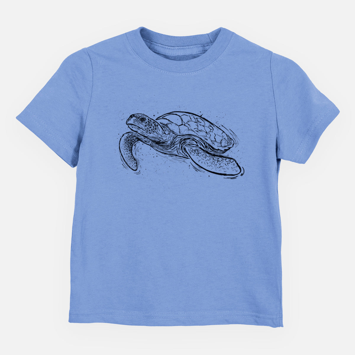 Carolina blue toddler t-shirt laid flat, printed with a black ink illustration of a hawksbill sea turtle swimming, with a patterned shell.