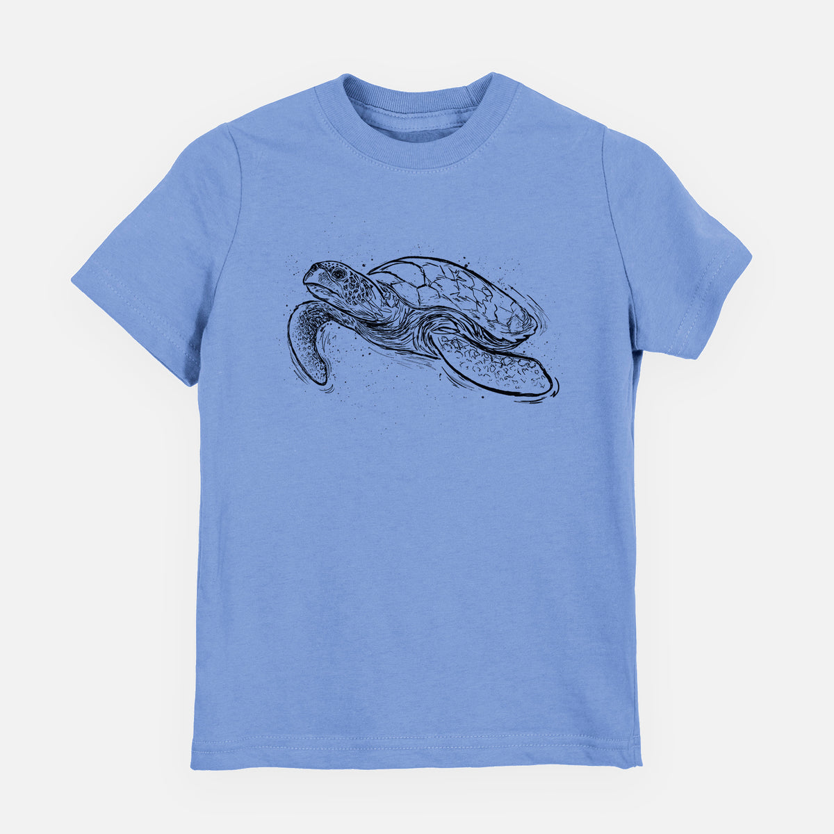 Carolina blue youth t-shirt laid flat, printed with a black ink illustration of a hawksbill sea turtle swimming, with a patterned shell.