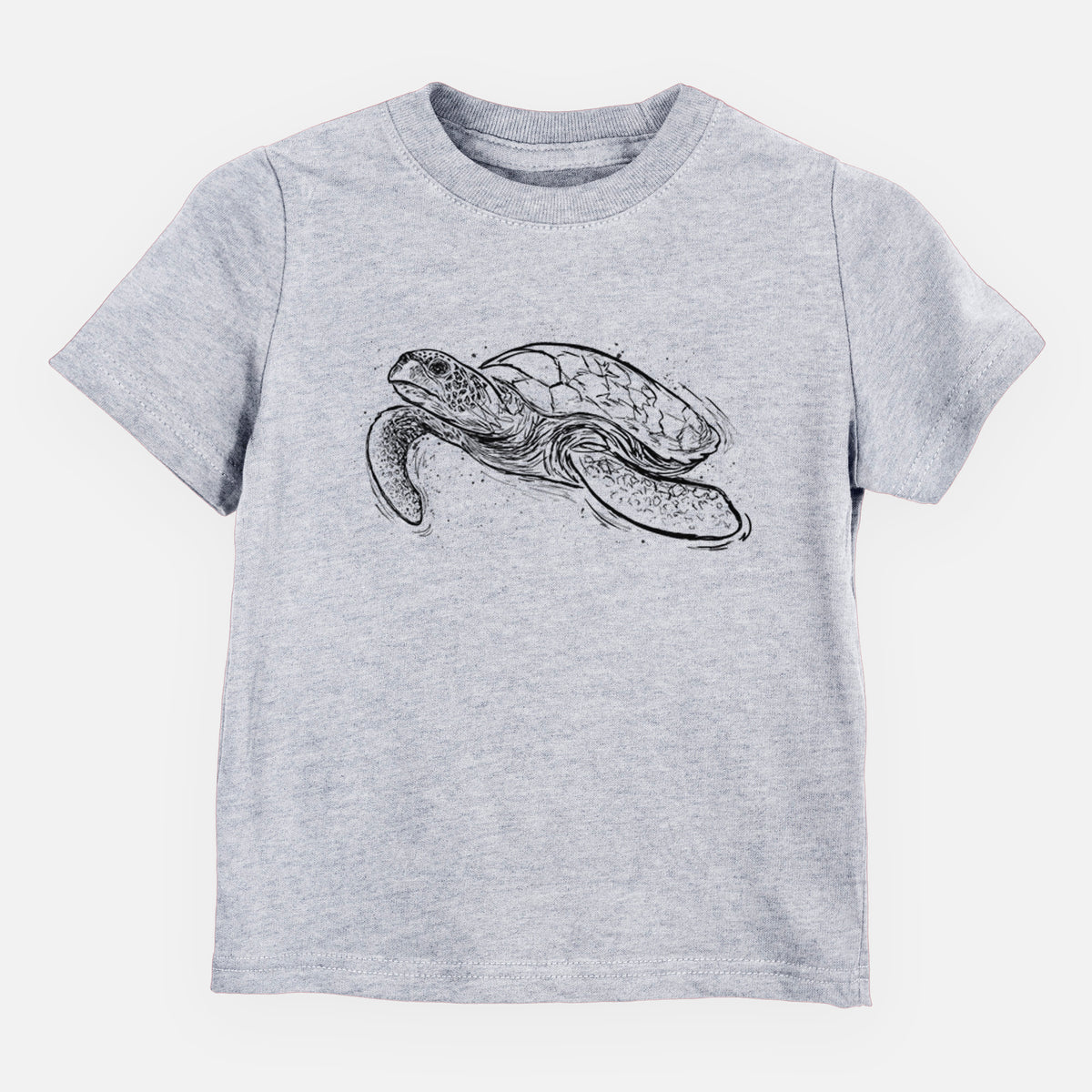 Heather grey toddler t-shirt laid flat, printed with a black ink illustration of a hawksbill sea turtle swimming, with a patterned shell.