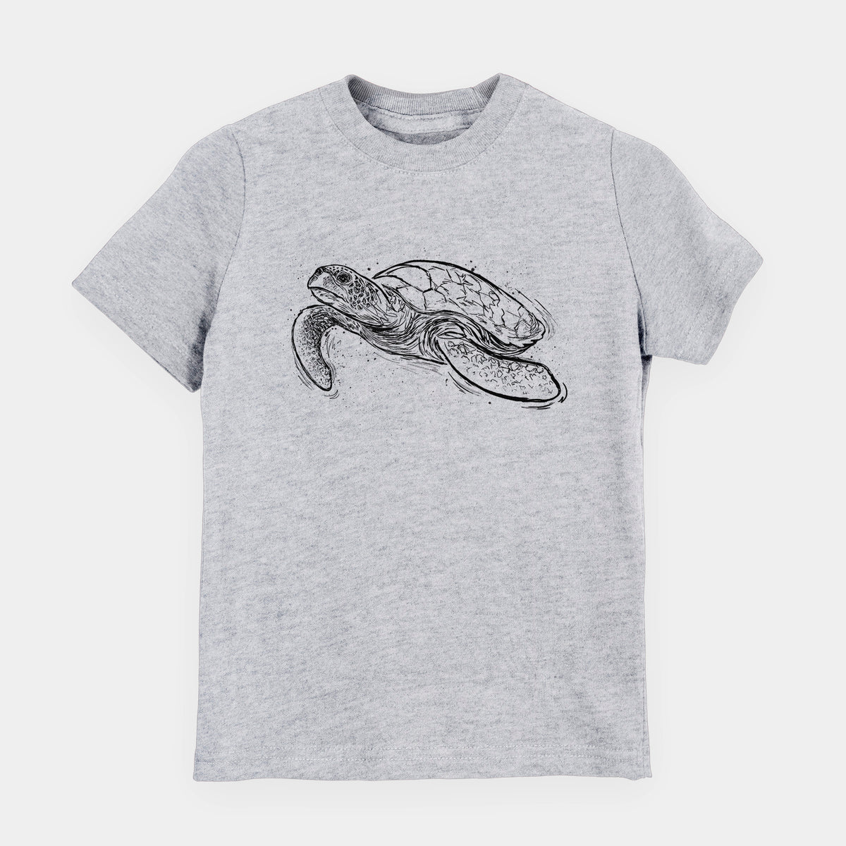 Heather grey youth t-shirt laid flat, printed with a black ink illustration of a hawksbill sea turtle swimming, with a patterned shell.