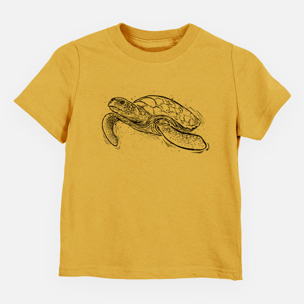 Honeycomb yellow toddler t-shirt laid flat, printed with a black ink illustration of a hawksbill sea turtle swimming, with a patterned shell.