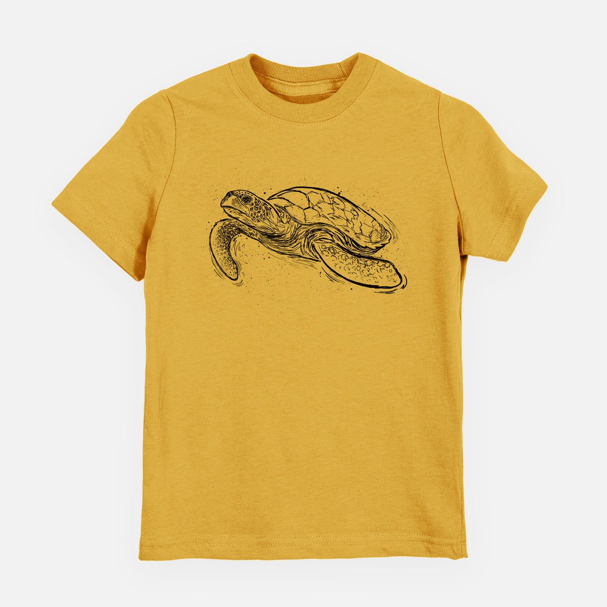 Honeycomb yellow youth t-shirt laid flat, printed with a black ink illustration of a hawksbill sea turtle swimming, with a patterned shell.
