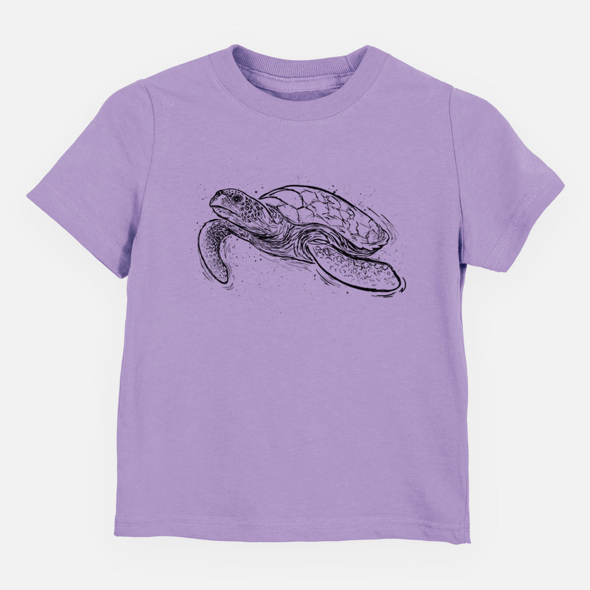 Lavender toddler t-shirt laid flat, printed with a black ink illustration of a hawksbill sea turtle swimming, with a patterned shell.