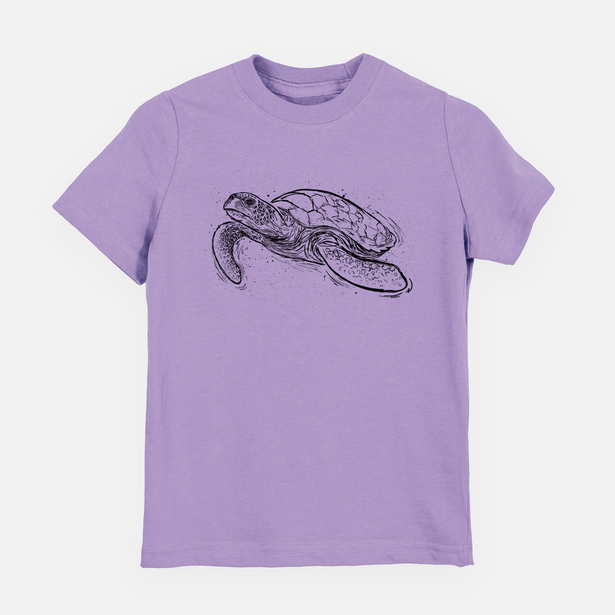 Lavender youth t-shirt laid flat, printed with a black ink illustration of a hawksbill sea turtle swimming, with a patterned shell.