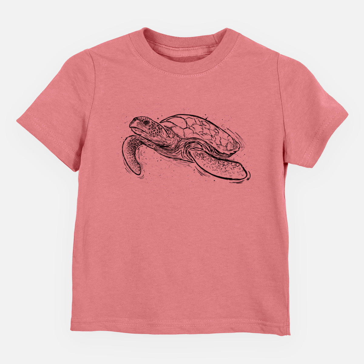 Mauve pink toddler t-shirt laid flat, printed with a black ink illustration of a hawksbill sea turtle swimming, with a patterned shell.