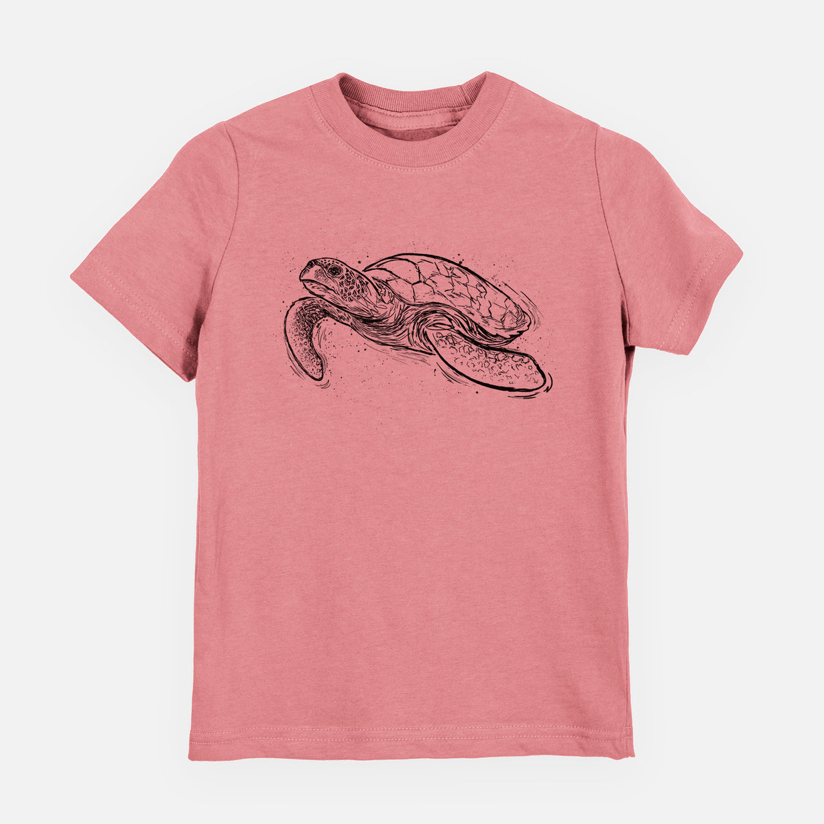 Mauve pink youth t-shirt laid flat, printed with a black ink illustration of a hawksbill sea turtle swimming, with a patterned shell.