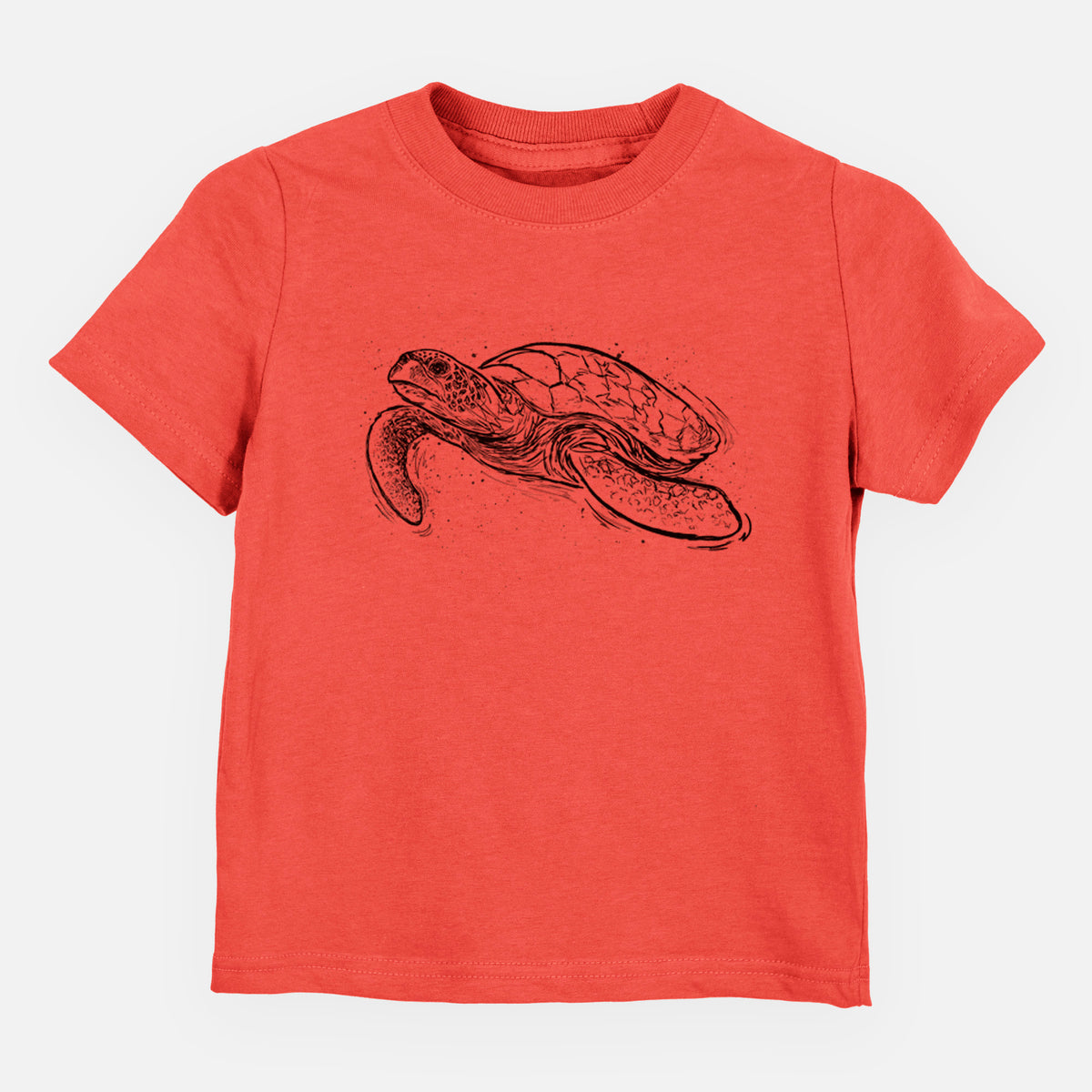 Passionfruit pink toddler t-shirt laid flat, printed with a black ink illustration of a hawksbill sea turtle swimming, with a patterned shell.
