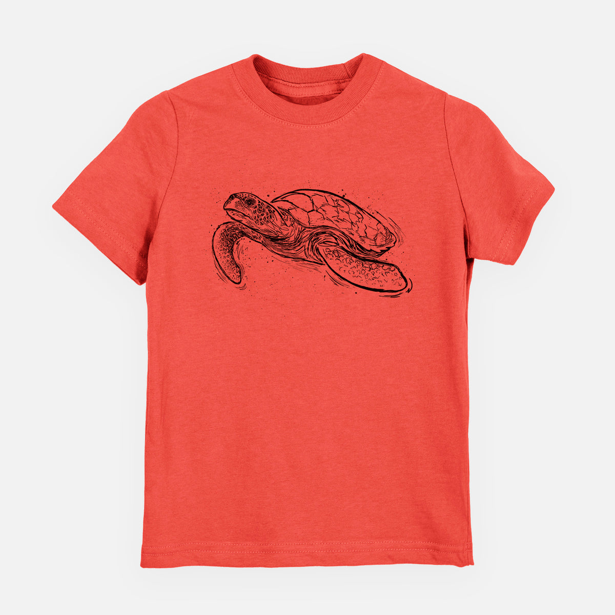 Passionfruit pink youth t-shirt laid flat, printed with a black ink illustration of a hawksbill sea turtle swimming, with a patterned shell.