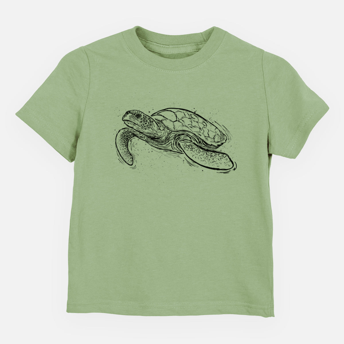 Sage green toddler t-shirt laid flat, printed with a black ink illustration of a hawksbill sea turtle swimming, with a patterned shell.