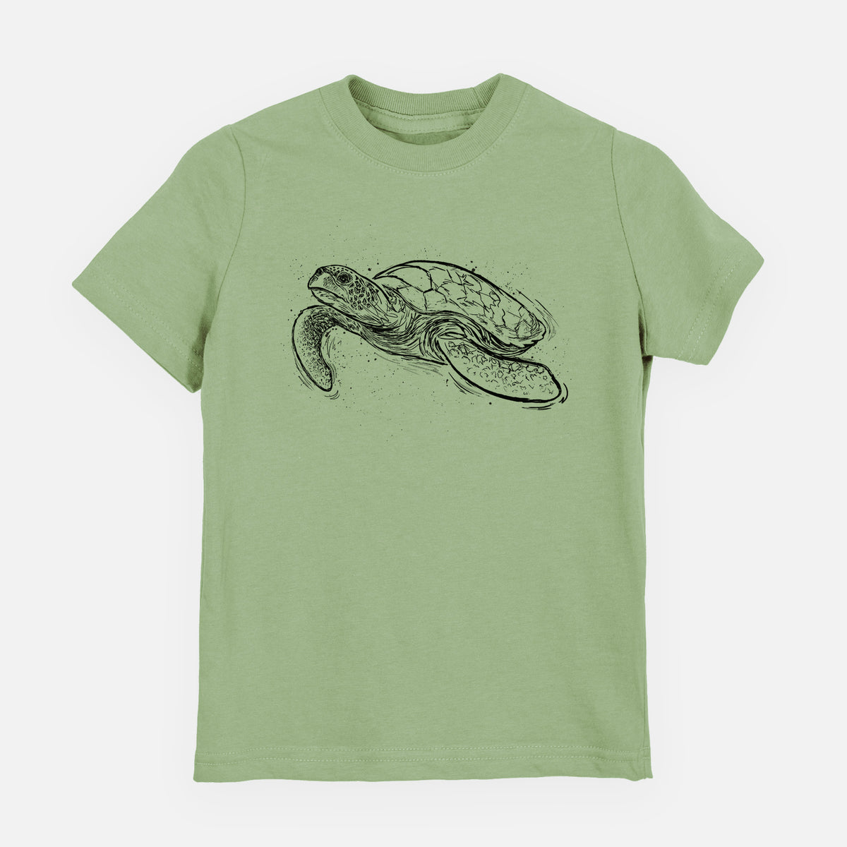 Sage green youth t-shirt laid flat, printed with a black ink illustration of a hawksbill sea turtle swimming, with a patterned shell.
