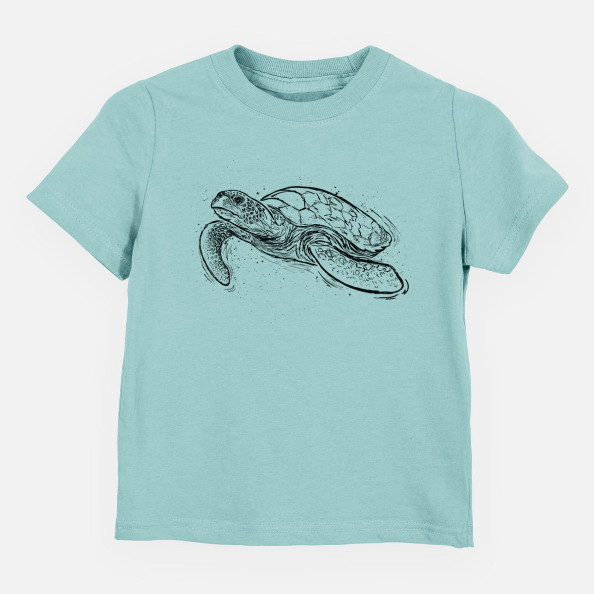 Saltwater toddler t-shirt laid flat, printed with a black ink illustration of a hawksbill sea turtle swimming, with a patterned shell.