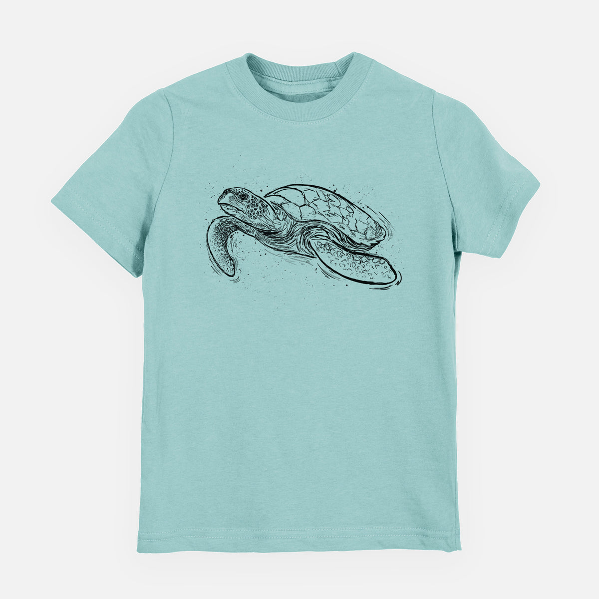 Saltwater youth t-shirt laid flat, printed with a black ink illustration of a hawksbill sea turtle swimming, with a patterned shell.