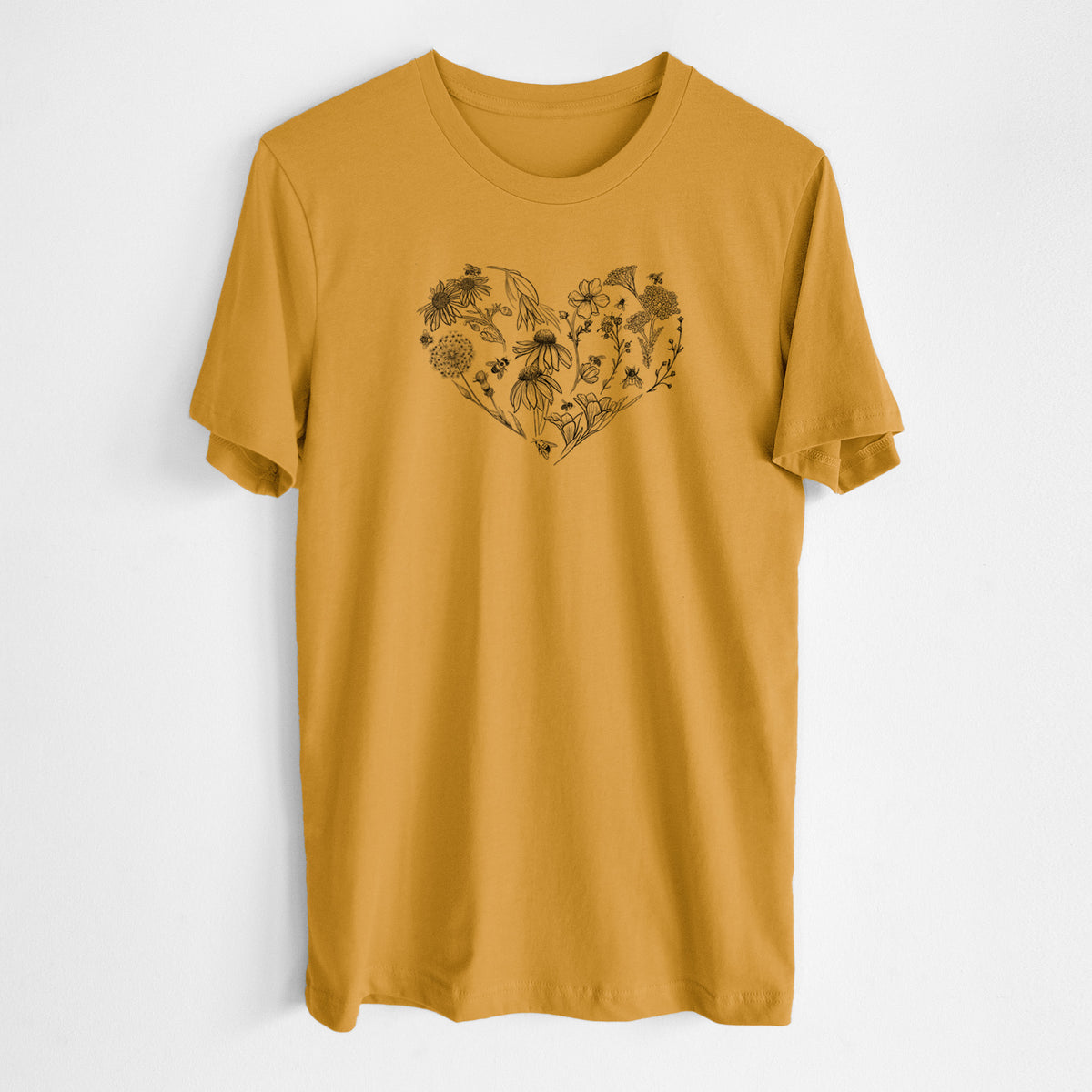 Honeycomb yellow lightweight cotton t-shirt laid flat, printed with a heart shape filled with black ink flowers and bees.