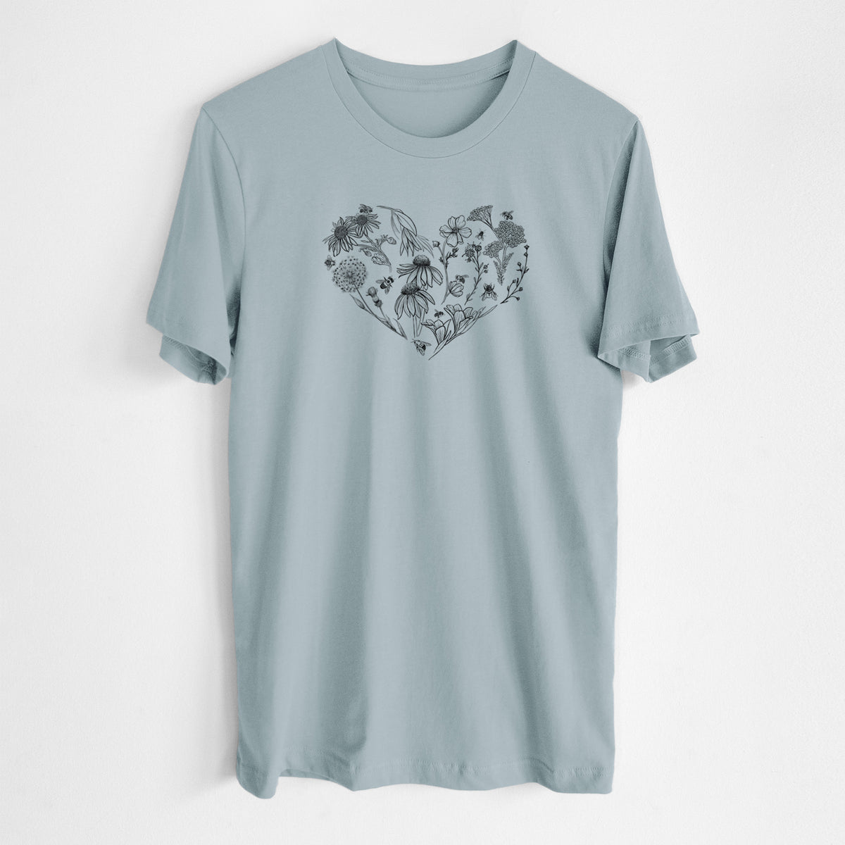Vintage denim lightweight cotton t-shirt laid flat, printed with a heart shape filled with black ink flowers and bees.