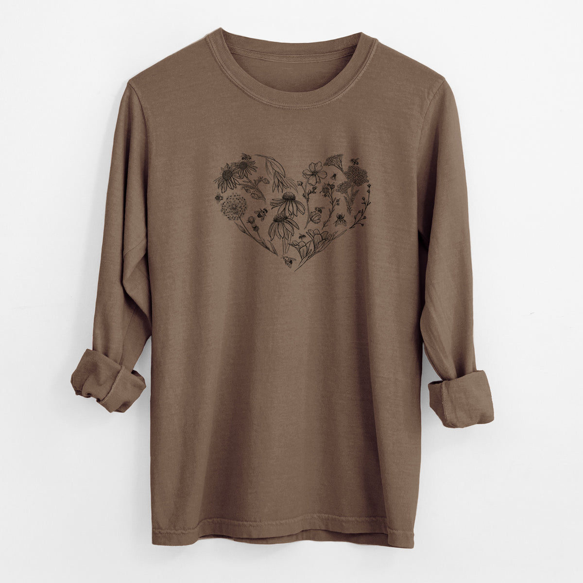 Espresso brown Comfort Colors long sleeve shirt laid flat with the cuffs rolled, printed with a heart shape filled with black ink flowers and bees.