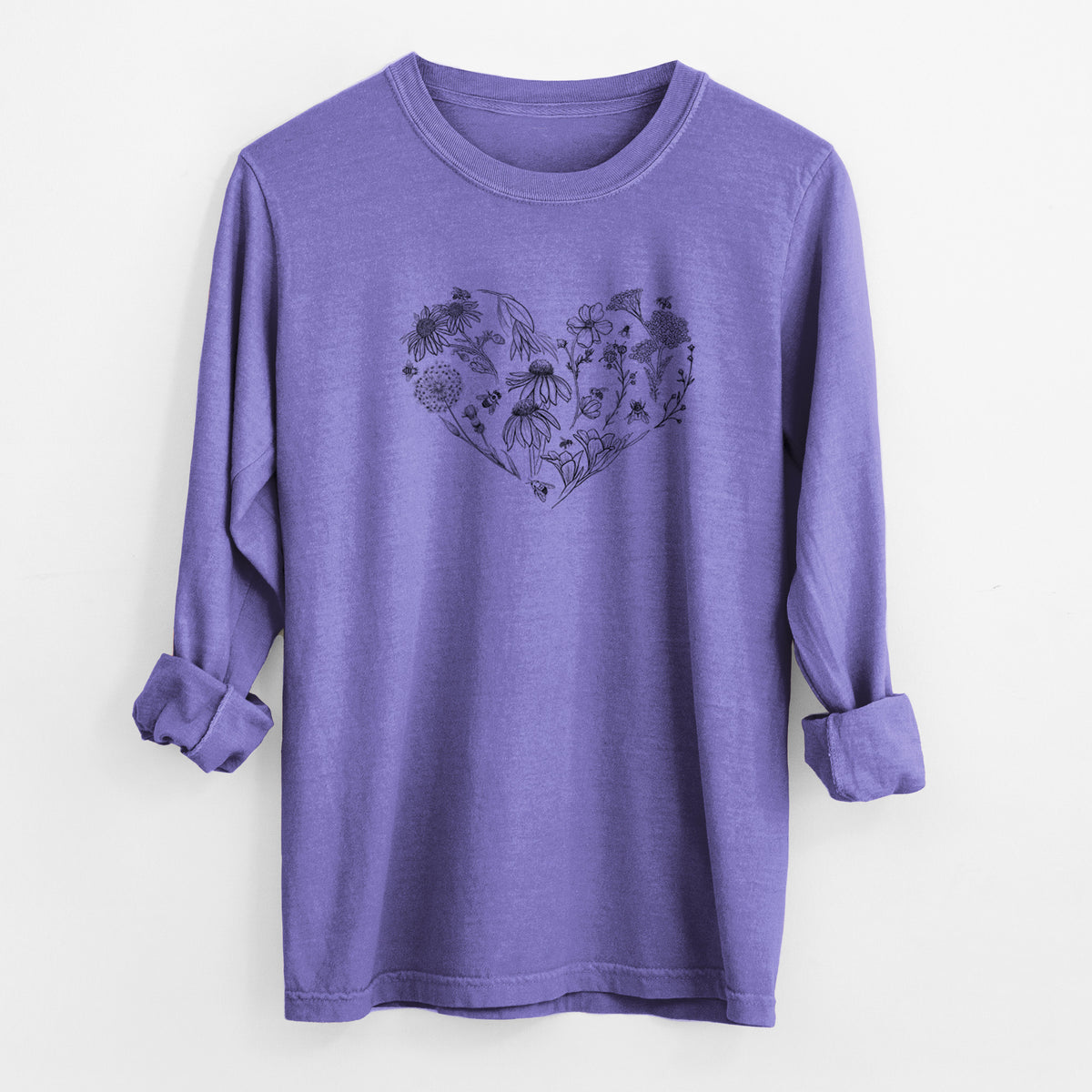 Violet purple Comfort Colors long sleeve shirt laid flat with the cuffs rolled, printed with a heart shape filled with black ink flowers and bees.