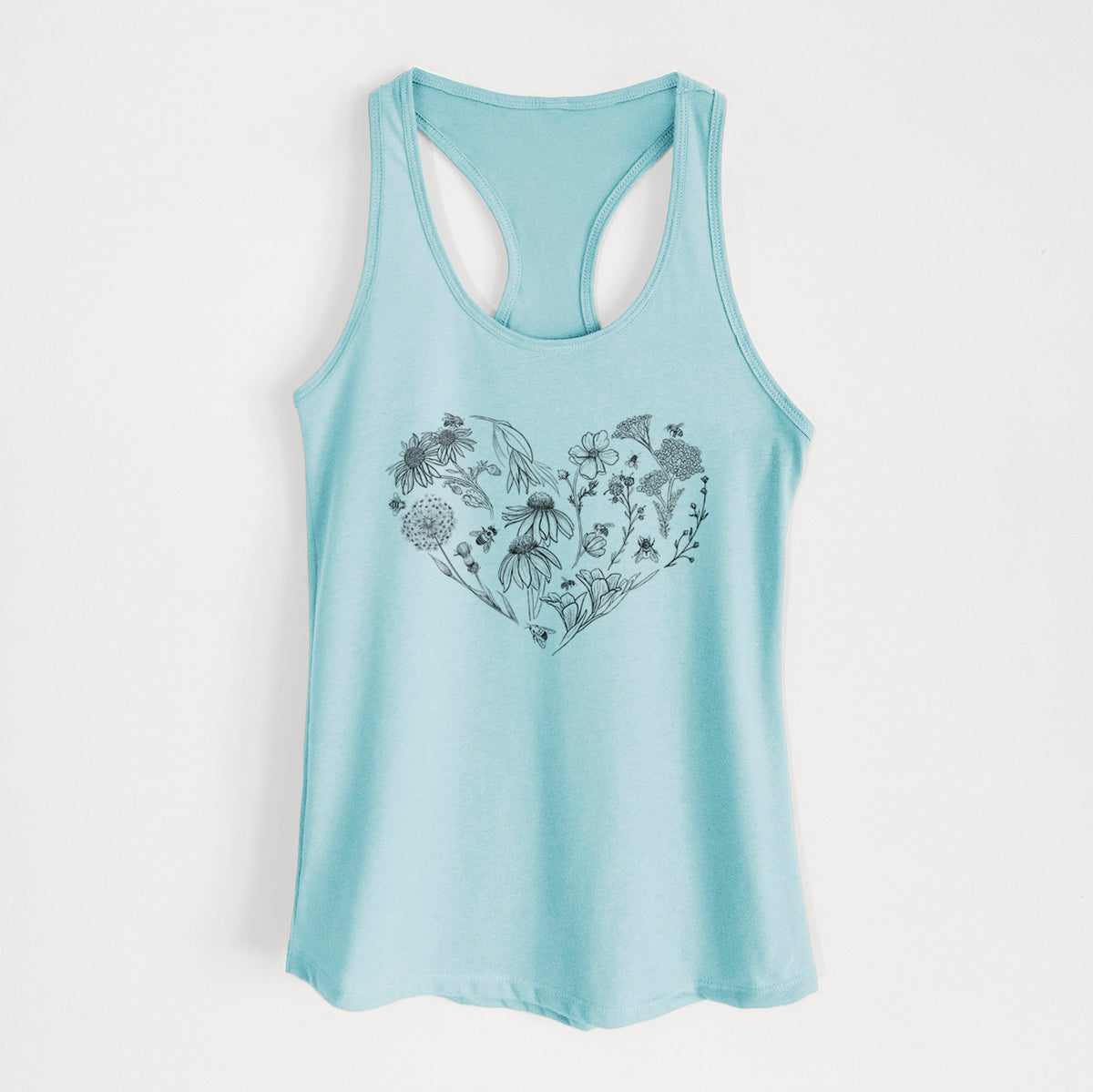 Cancun blue women's racerback tank top laid flat, printed with a heart shape filled with black ink flowers and bees.