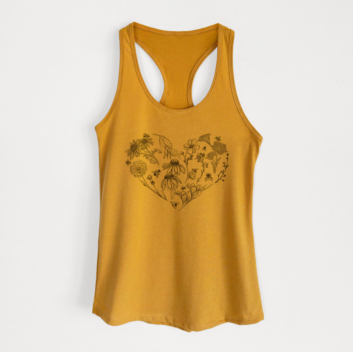 Gold women's racerback tank top laid flat, printed with a heart shape filled with black ink flowers and bees.