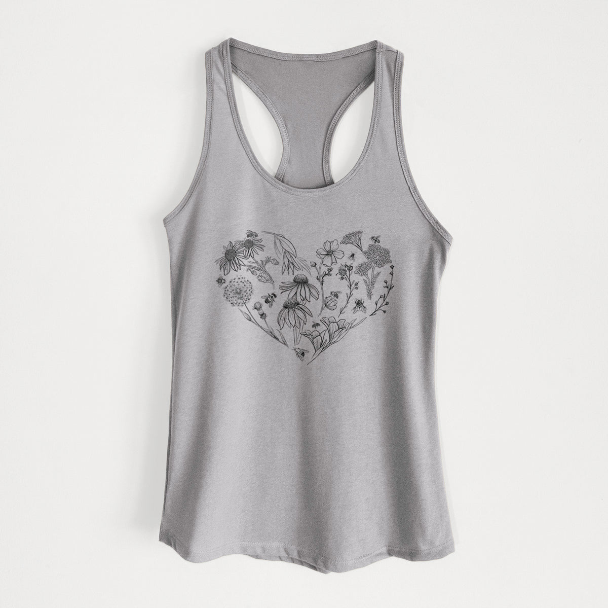 Heather grey women's racerback tank top laid flat, printed with a heart shape filled with black ink flowers and bees.