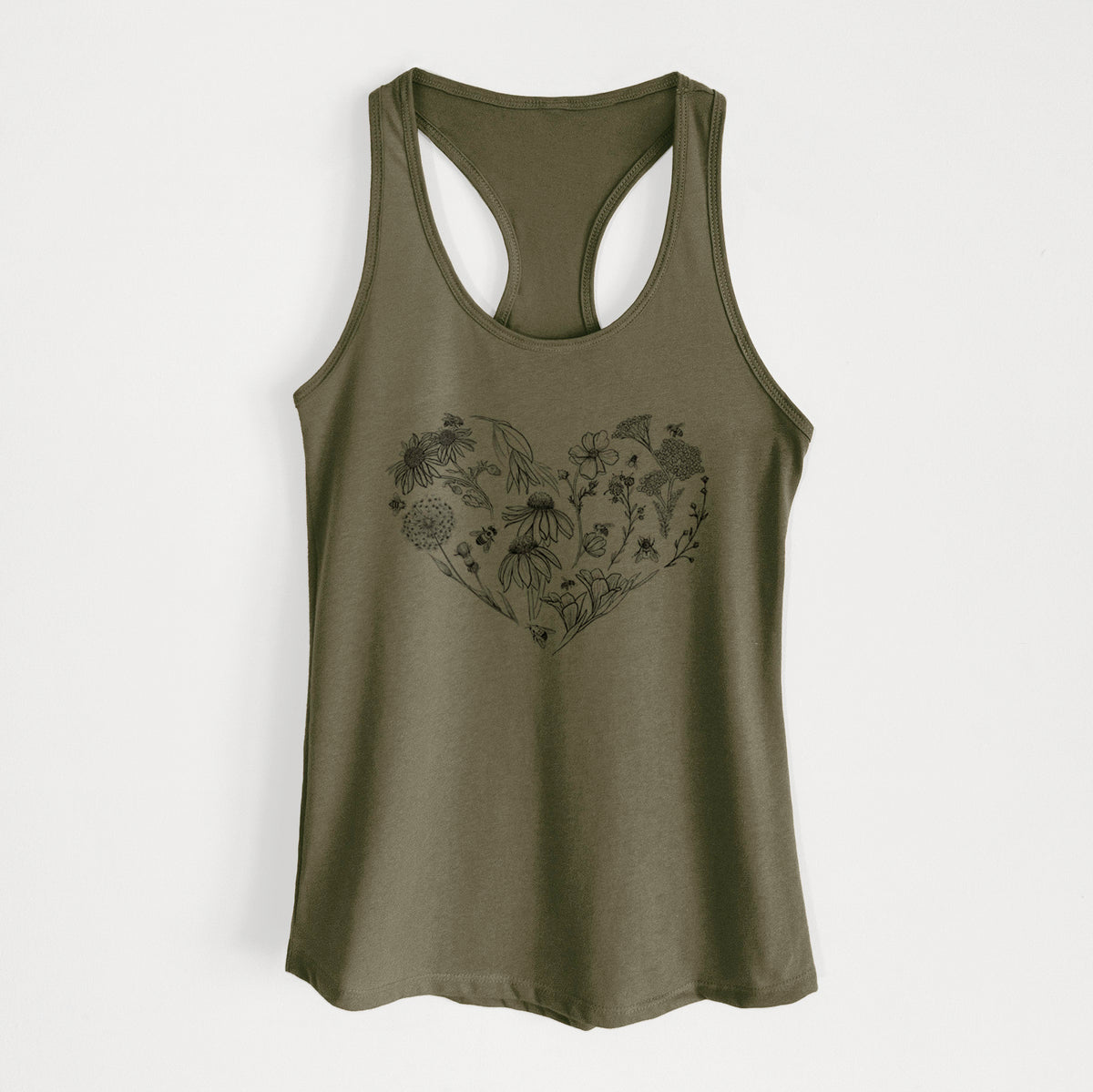 Military green women's racerback tank top laid flat, printed with a heart shape filled with black ink flowers and bees.