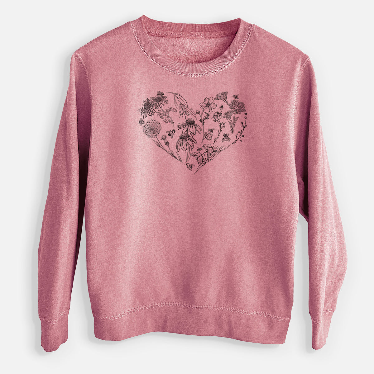 Mauve pink youth crewneck sweatshirt laid flat, printed with a heart shape filled with black ink flowers and bees.