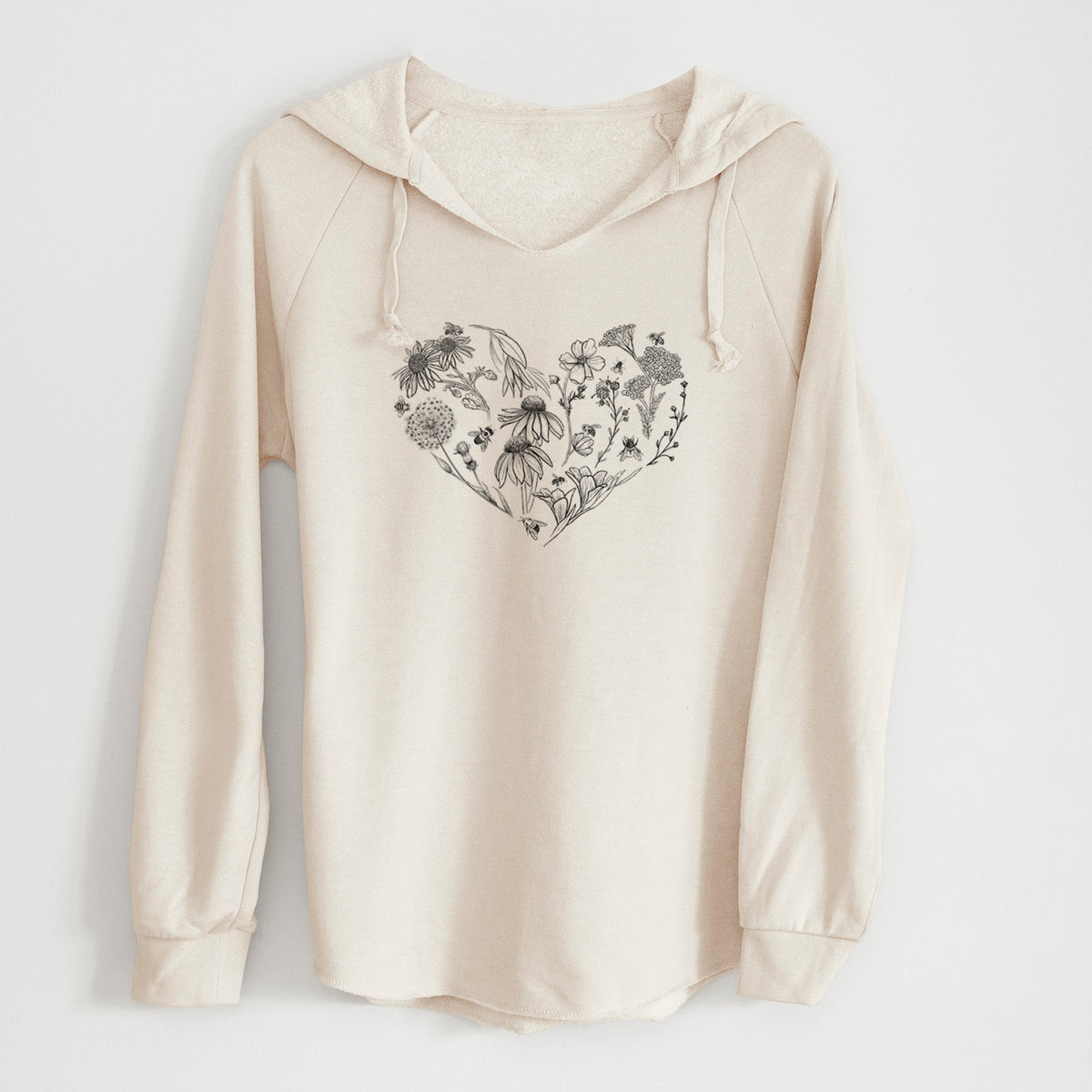 Bone cream women's Cali Wave hooded sweatshirt laid flat, printed with a heart shape filled with black ink flowers and bees.