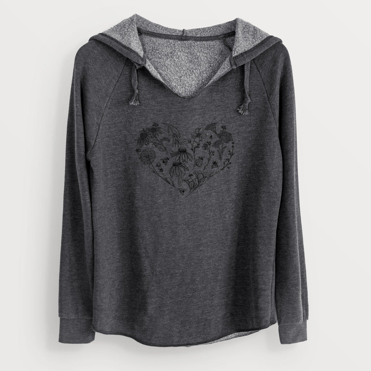 Charcoal grey women's Cali Wave hooded sweatshirt laid flat, printed with a heart shape filled with black ink flowers and bees.