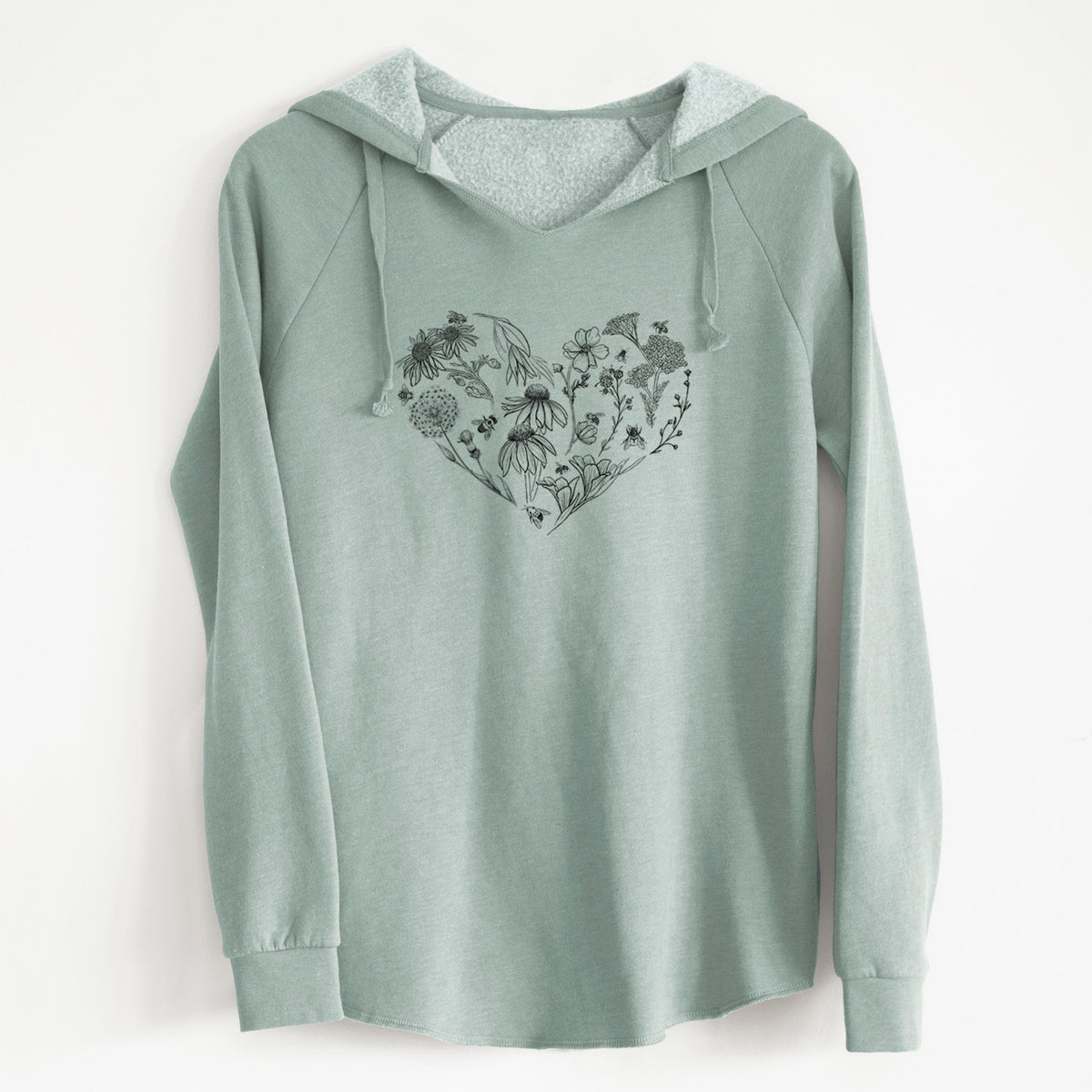 Sage green women's Cali Wave hooded sweatshirt laid flat, printed with a heart shape filled with black ink flowers and bees.