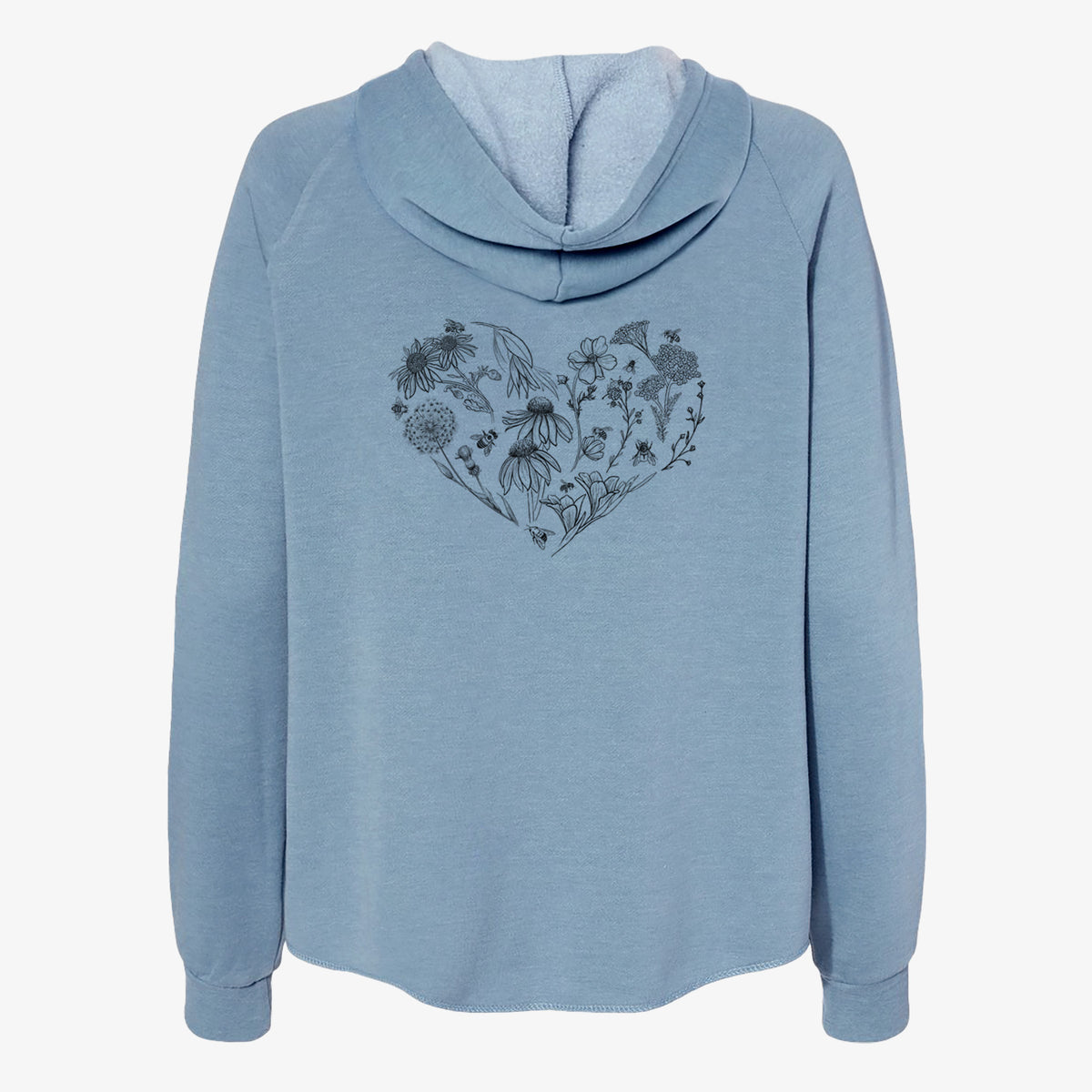 Misty blue women's Cali Wave zip-up sweatshirt laid flat, printed with a heart shape filled with black ink flowers and bees.