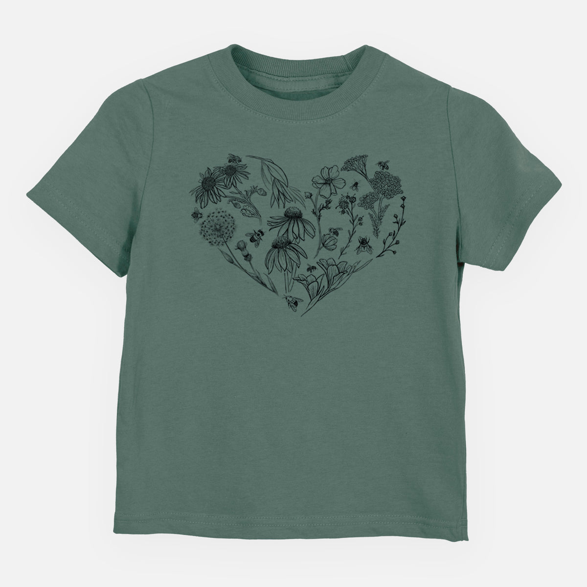 Basil green toddler t-shirt laid flat, printed with a heart shape filled with black ink flowers and bees.