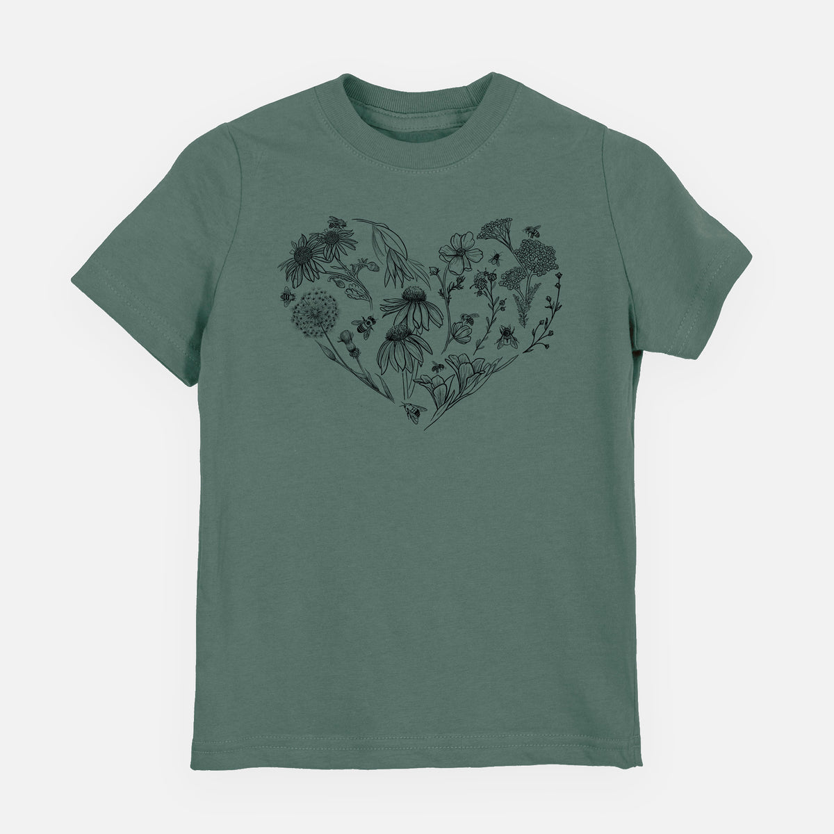 Basil green youth t-shirt laid flat, printed with a heart shape filled with black ink flowers and bees.