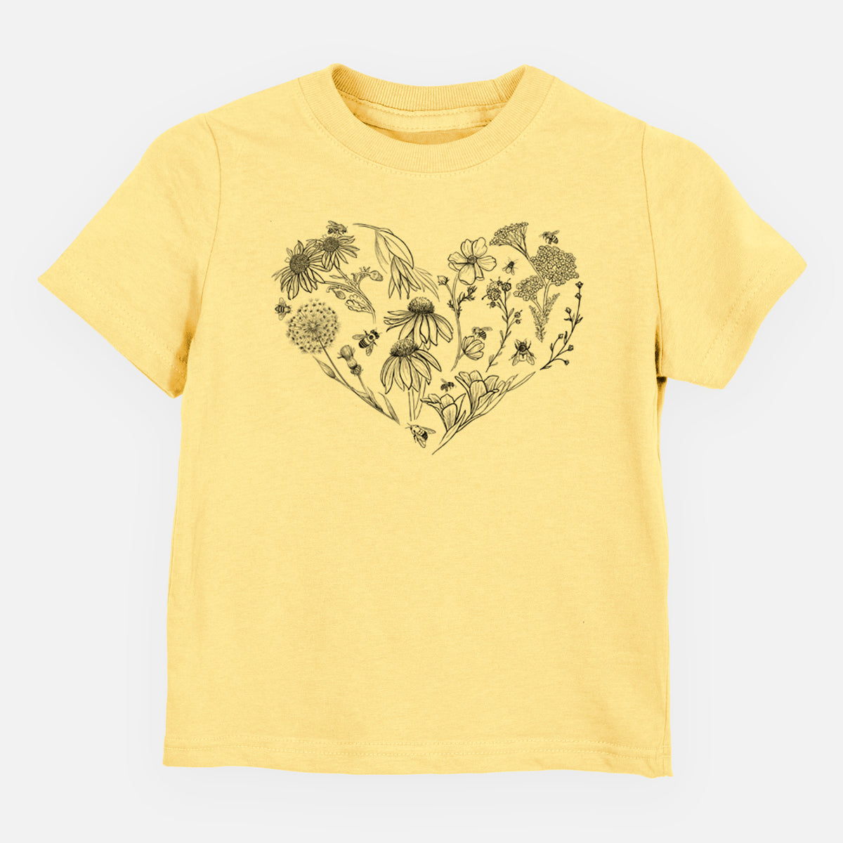Butter yellow toddler t-shirt laid flat, printed with a heart shape filled with black ink flowers and bees.