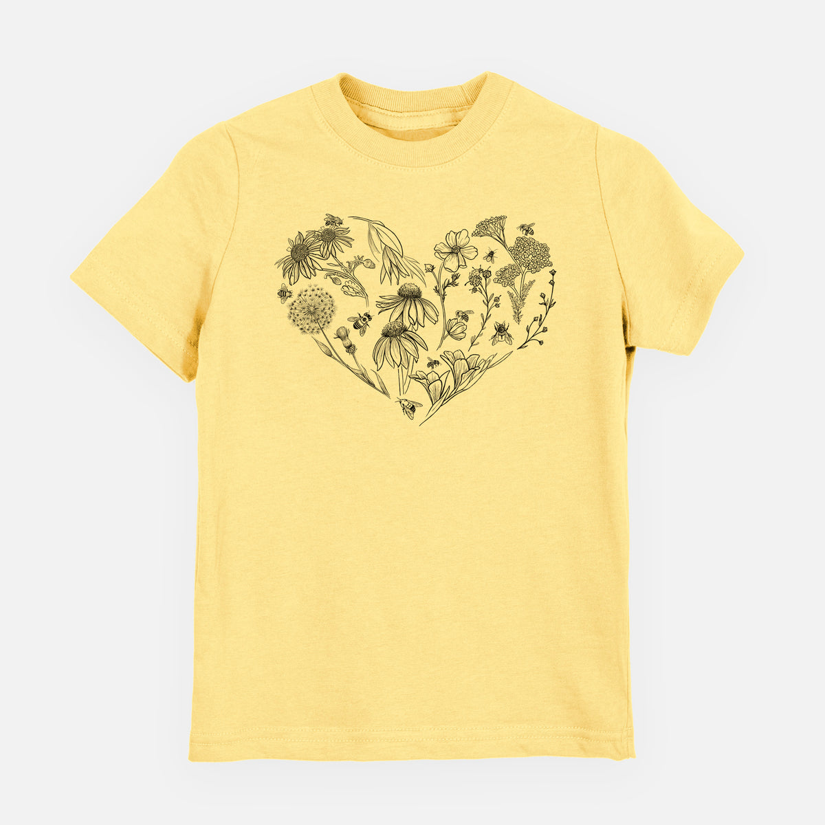 Butter yellow youth t-shirt laid flat, printed with a heart shape filled with black ink flowers and bees.