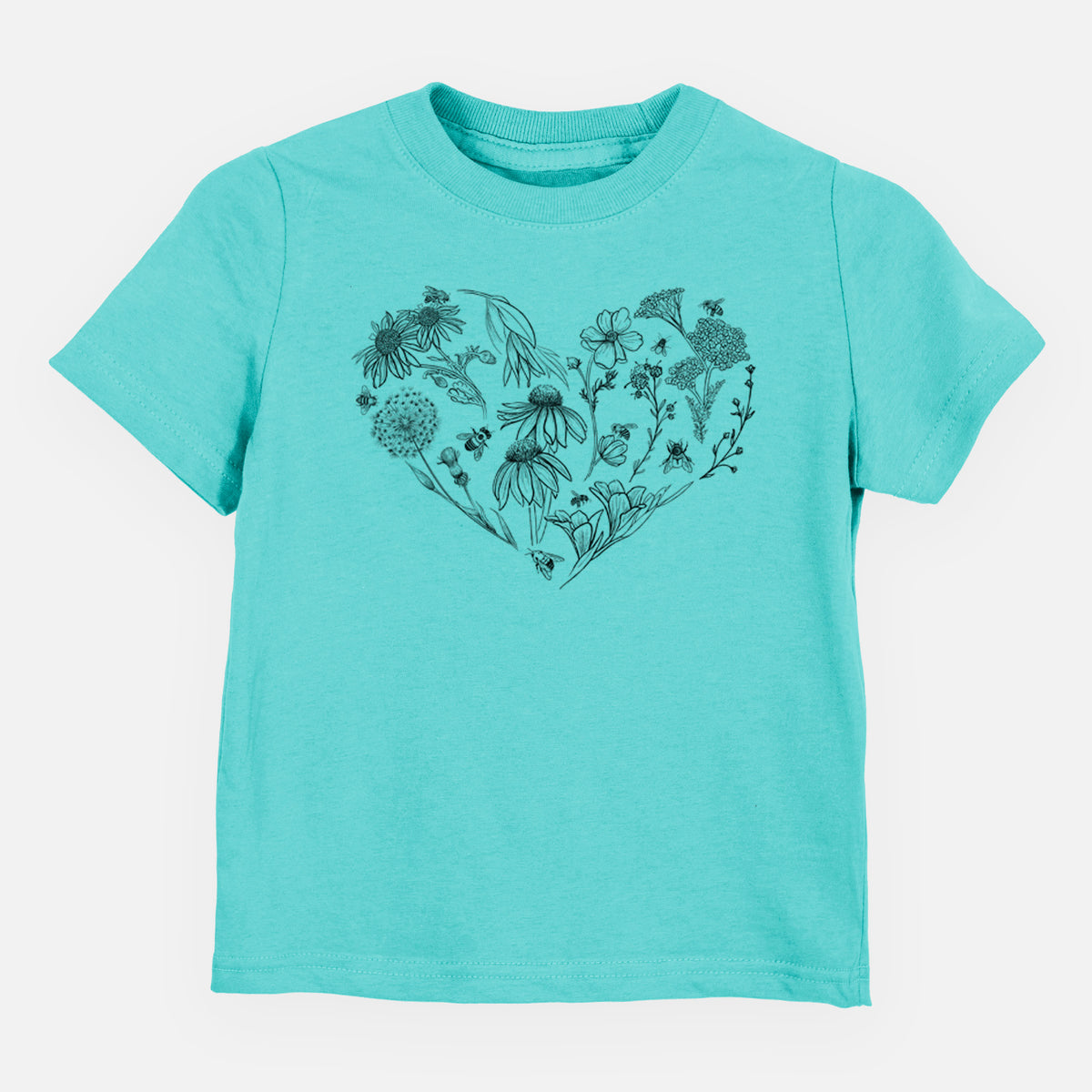 Caribbean blue toddler t-shirt laid flat, printed with a heart shape filled with black ink flowers and bees.